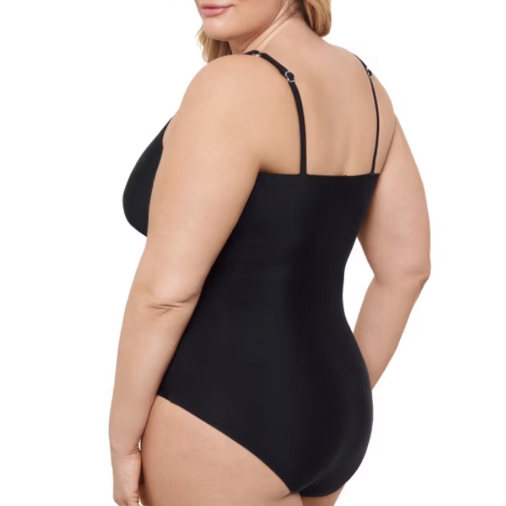 Women's Surplice Trim Overlay One Piece Swimsuit in Black with Adjustable Straps